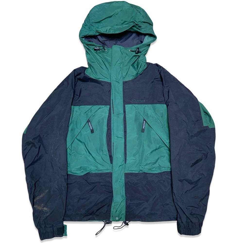 Vintage 90s Marmot Mountain Jacket Men's M Green Navy Hooded Shell